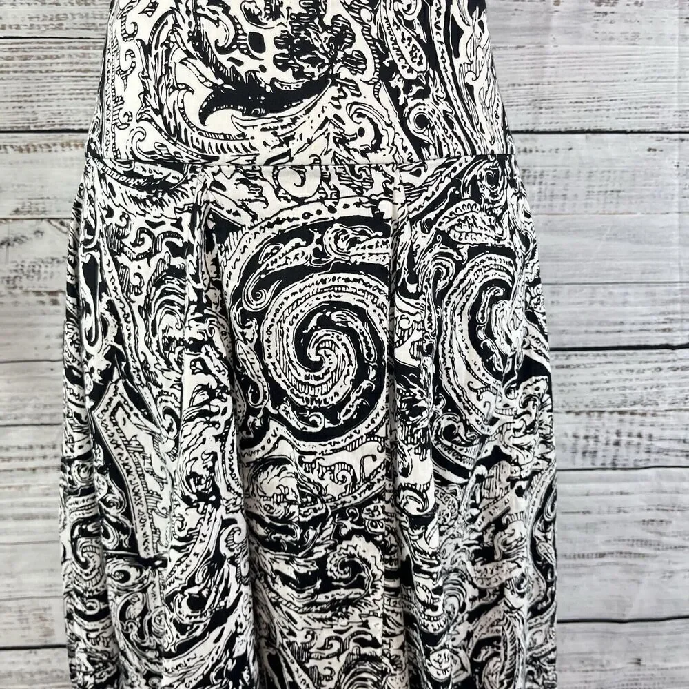 Chaps Skirt size 10 Black White Paisley Knee Full Boho Peasant Modest Summer
